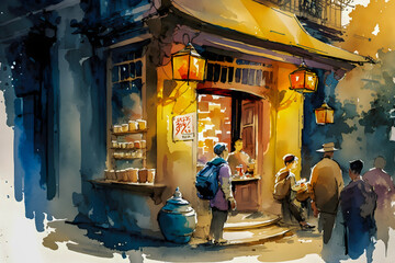 Obraz premium Watercolor painting of a traditional Chinese shop in a bustling quarter, Generative AI