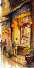 Fototapeta na wymiar Watercolor painting of a traditional Chinese shop in a bustling quarter, Generative AI