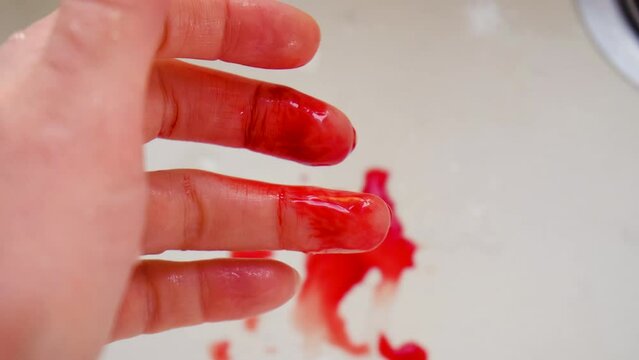 Blood flows from the hand of the finger. Selective focus.