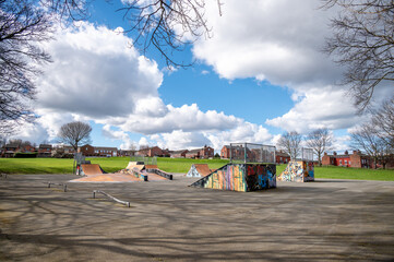 Skate board ramps in a Wortley playing park Leeds UK