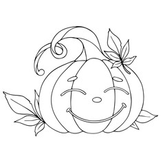 Funny pumpkin character with autumn leaves. Coloring book, Halloween sketch. Vector graphics.