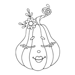 Funny pumpkin character with autumn leaves. Coloring book, Halloween sketch. Vector graphics.