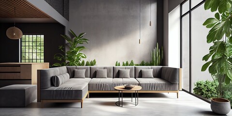 Modern Interior Design Of Apartment, Living Room With Gray Sofa Over The Concrete, Stucco Wall. Home Interior. Loft Style 3d Rendering. Generative AI