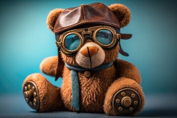 Retro teddy bear toy in a leather pilot's hat and vintage glasses on a blue background. Isolated.