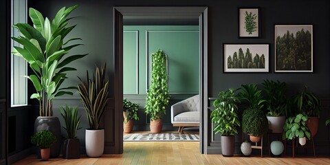 Potted Plants Decorate The Empty Living Room With Green Walls And A Hardwood Floor. Generative AI