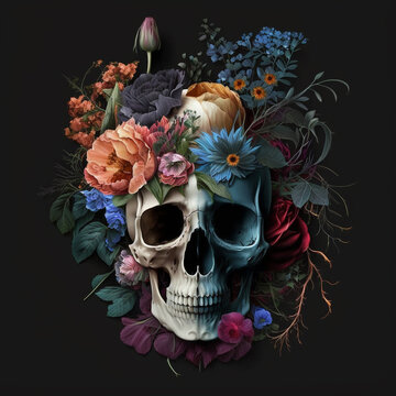 The skull was a vision of death and beauty, its bones and flowers coming together in perfect harmony. The black background served to enhance the image, creating a striking contrast that was both haunt