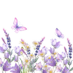 Plakat Watercolor composition, border with Herbs and wild flowers, leaves, butterflies. Botanical Illustration on white background. Template with place for text.