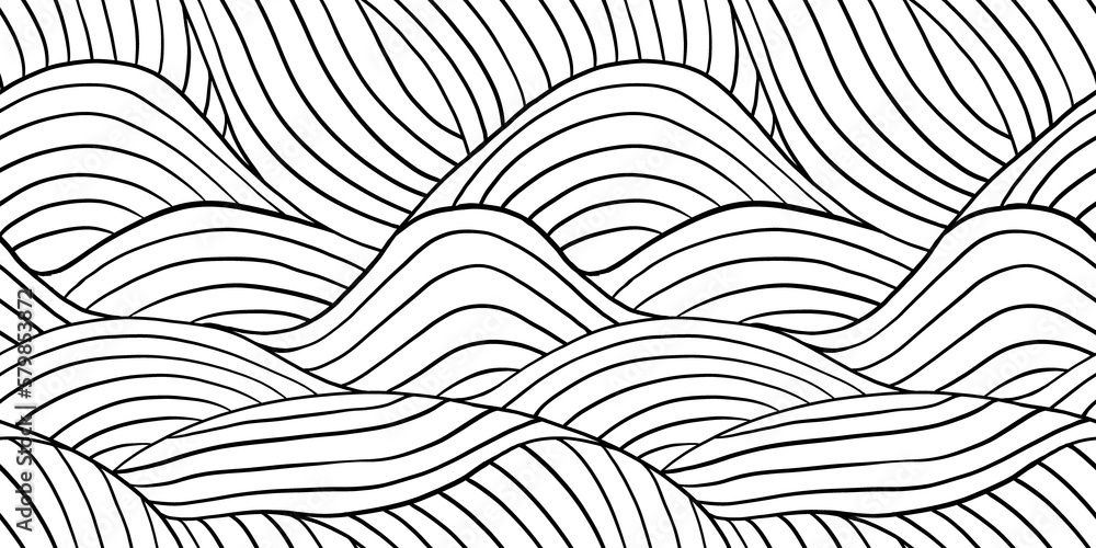 Poster seamless rolling hills landscape pattern made of wavy hand drawn black ink lines on transparent back