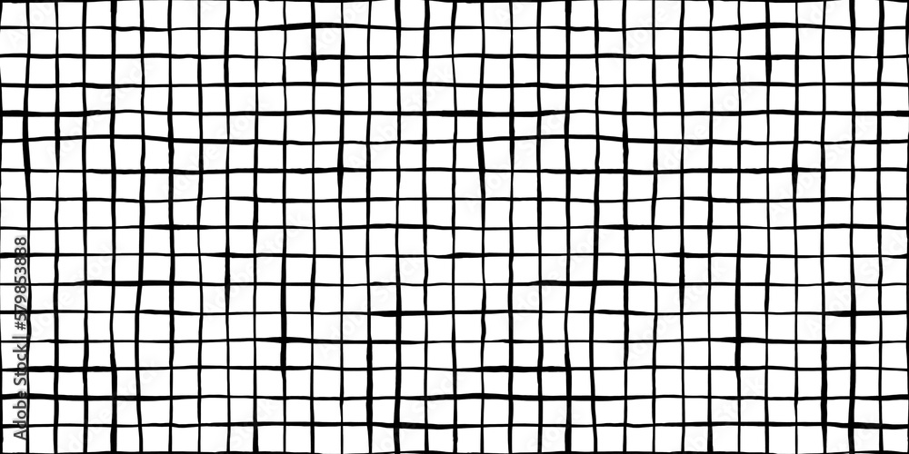 Poster seamless windowpane grid squares pattern made of wonky hand drawn black ink lines on transparent bac