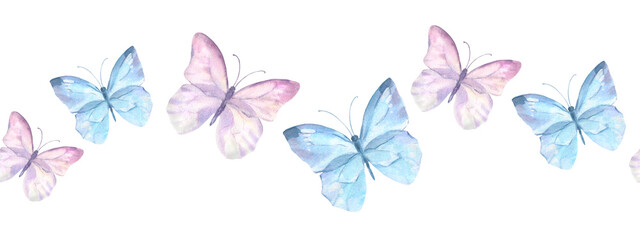 Seamless bordure with watercolor illustrated delicate blue and pink butterflies. Design for packaging, label and greeting card.