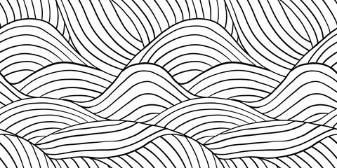Seamless rolling hills landscape pattern made of wavy hand drawn black ink lines on transparent background. Simple abstract blender motif texture in a trendy bold whimsical doodle line art style.