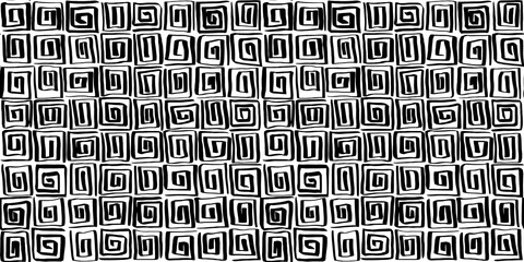 Seamless Egyptian motif or Greek key pattern of wonky hand drawn black ink spiral square lines on transparent background. Simple abstract blender texture in a bold whimsical doodle line art style.