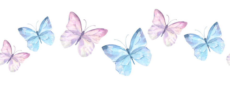 Seamless bordure with watercolor illustrated delicate blue and pink butterflies. Design for packaging, label and greeting card.