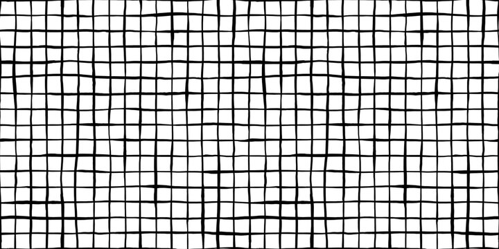 Seamless windowpane grid squares pattern made of wonky hand drawn black ink lines on transparent background. Simple abstract blender motif texture in a trendy bold whimsical doodle line art style.