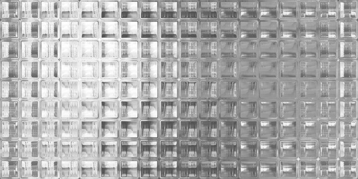 Seamless crystal cut glass block wall abstract transparent background texture overlay. Trendy vintage retro room divider pattern. Shiny reflective silver squares mosaic banner backdrop. 3D rendering.