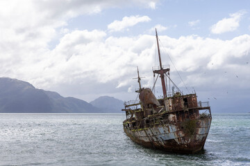 Wreck of MV Captain Leonidas, a freighter that ran aground on the Bajo Cotopaxi (Cotopaxi Bank) in...