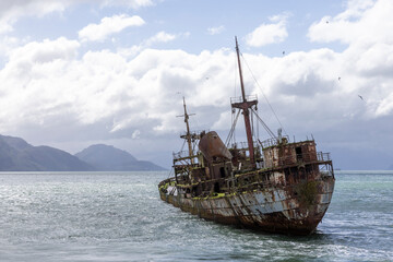 Wreck of MV Captain Leonidas, a freighter that ran aground on the Bajo Cotopaxi (Cotopaxi Bank) in...