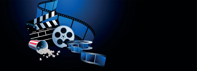 proiezione film, cinema, pellicola, spettacolo, film con pop corn su sfondo blu	
