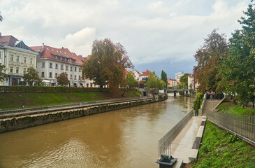 The Ljubljanica River in the center of Ljubljana, Slovenia. High quality photo