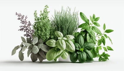 Obraz premium A bright, colorful bunch of fresh herbs is perfectly arranged on a white background, the lighting emphasizing their fresh and aromatic qualities generative ai