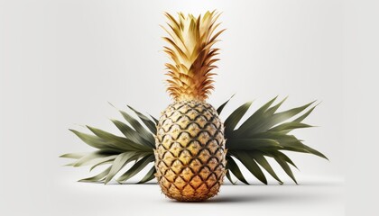 A ripe, golden pineapple is showcased on a white background, highlighted by a bright, sunny glow. The mood is tropical and summery generative ai
