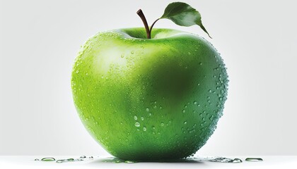 A vibrant green apple with droplets of water on a pristine white background. The bright lighting emphasizes the freshness of the fruit generative ai