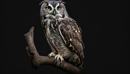 A wise and stoic owl perched on a tree, isolated on a black background. The soft lighting and shadows add depth and mystery, while the owl's piercing gaze captures your attention. generative ai