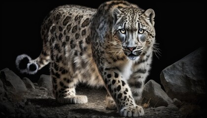 Fototapeta na wymiar Elusive Snow Leopard prowling, isolated on a black background. The lighting creates an eerie atmosphere generative ai