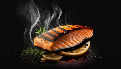 Freshly grilled salmon on a black background, with a minimalist composition and muted colors to create a sense of elegance and sophistication generative ai