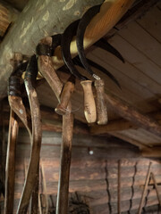 Household items, wood products. Reconstruction of a peasant house, interior, on Kizhi Island, Karelia, northern Russia