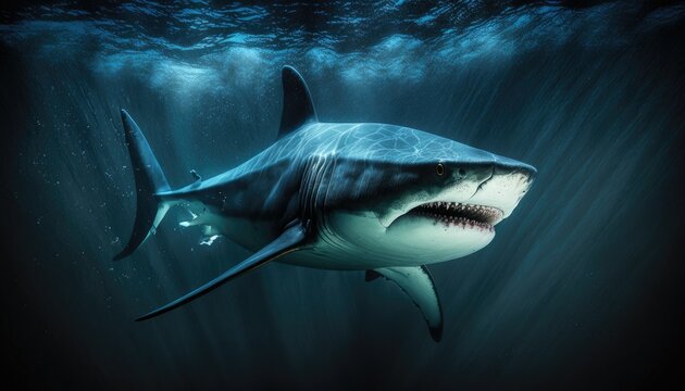 Ferocious shark, swimming through the deep blue sea. Isolated on a black background. Bold, dramatic lighting adds depth and texture to the image. Cool tones create a sense of danger generative ai. 