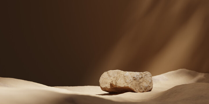 3D background. Podium, stone display. Brown luxury backdrop with desert sand. Minimal pedestal for beauty, cosmetic product presentation. Dune mockup with sun shadow. Summer template, studio 3d render