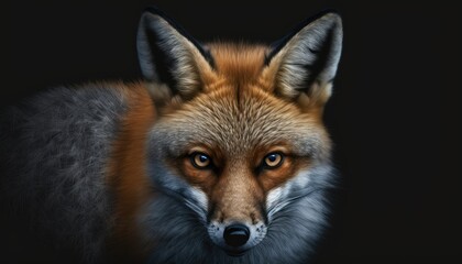 Sly fox, with piercing eyes and a sly grin. Isolated on a black background. Moody, low lighting creates a sense of mystery and intrigue. Cool tones add a touch of danger and generative ai
