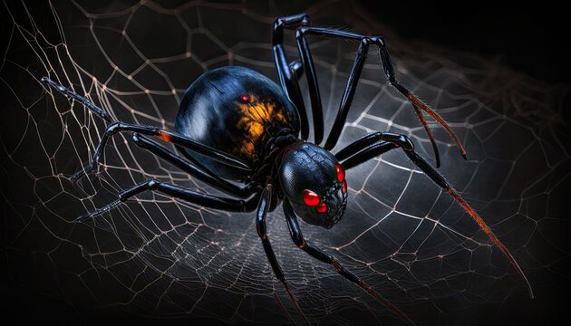 Venomous Black Widow Spider perched on a web, isolated on a black background. The lighting creates a creepy mood. generative ai