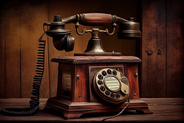 Retro telephone on wooden background created with AI