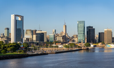 Financial district of Buenos Aires skyline with marina by the entrance to the port