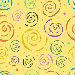 Naklejka premium Abstract seamless colorful pattern of ribbon spirals. Composition in the form of an arbitrary multi-colored pattern on a yellow background. Vector illustration, EPS 10. Minimalism and stylization.