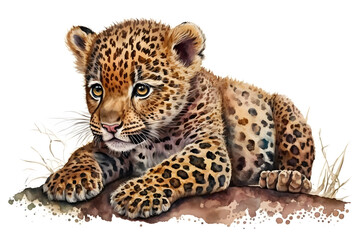 Illustration of watercolor cute baby jaguar, ai generative