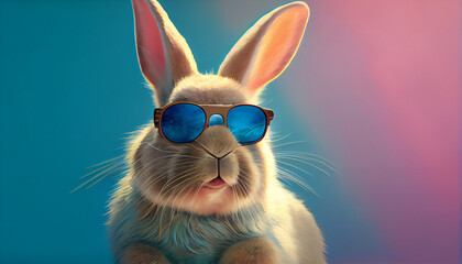 Naklejka na ściany i meble Easter bunny cool with sunglasses on soft background. Ai generative illustration. 