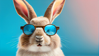 Cool bunny with round sunglasses on sunny beach. Generative Ai illustration