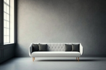Minimalistic sofa in living room with empty wall background for space for copy text, wall decor or canvas mock up background.