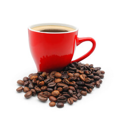 Red cup of black coffee on roasted beans isolated on white background