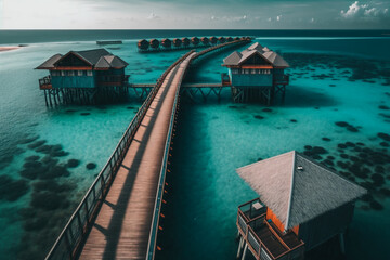 Maldives aerial view on luxury bungalow villas in the ocean water. Travel and tourism concept, generative ai.