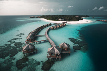 Maldives aerial view on luxury bungalow villas in the ocean water. Travel and tourism concept, generative ai.