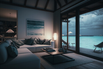 Fototapeta na wymiar Luxury bungalow villa interior living room in tropical paradise maldives with view on crystal clear ocean.