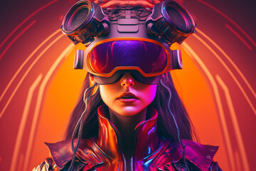 Naklejka na ściany i meble Classy attractive woman with VR glasses on experiencing the metaverse, concept of advanced technology and futuristic IT., orange purple background.