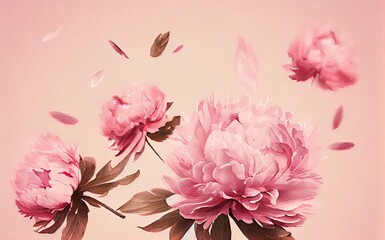  pink pions fly on soft pink background, watercolor style generative AI