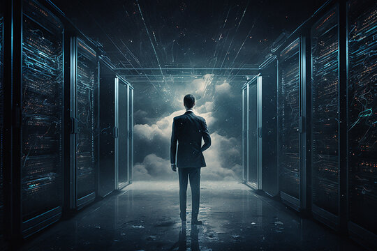 Data center and computer servers with information background, business man in suit in the middle of the asile of the data center.