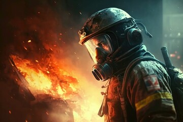 Firefighter searching for possible survives. Generative AI