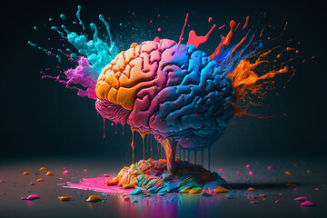 Illustration of a human brain with splashes of paint on dark background, concept of creativity and imagination in the mind.